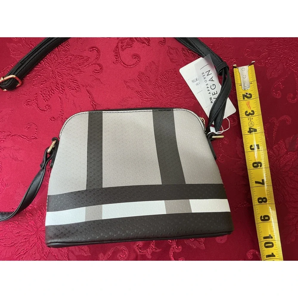 New Vegan Leather Plaid Crossbody Bag Black Grey White Tassel Dome Purse - Picture 9 of 14